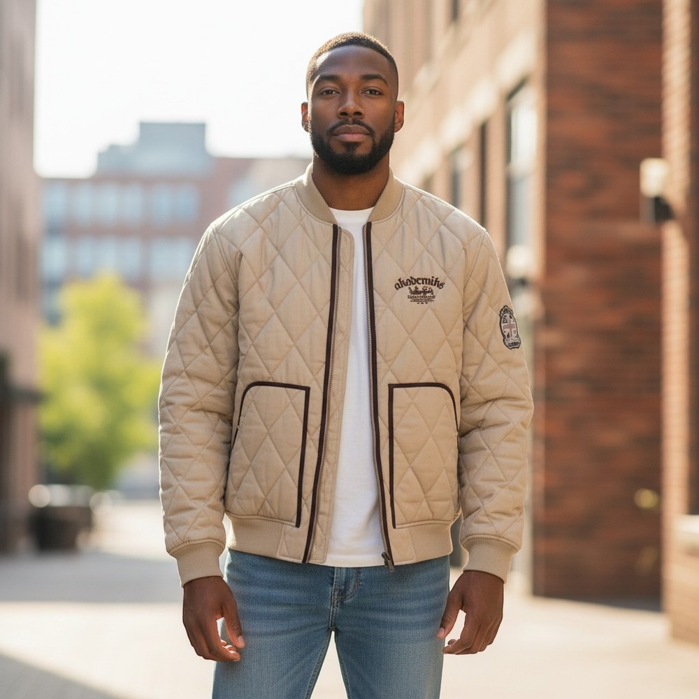 VTG Akademiks Quilted Bomber Jacket Men 2X Tan Full Zip Embellished Streetwear
